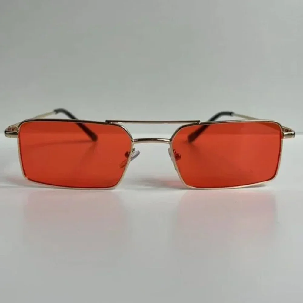 vintage y2k 90s 2000s unique slim gold trim red lens sunglasses